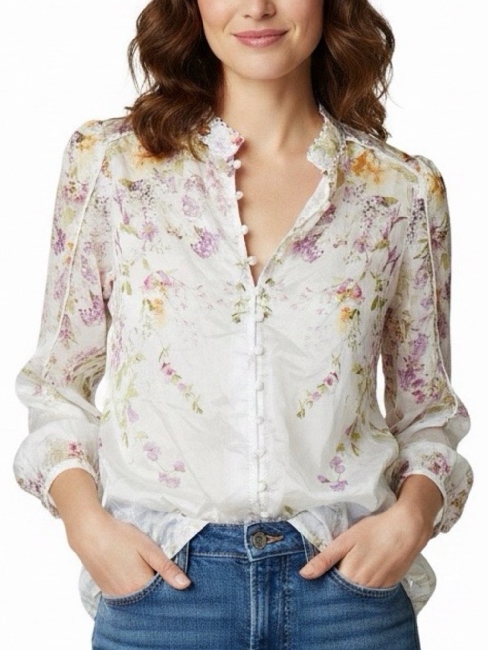 Bailey 44 Floral Victorian Poet Blouse Semi Sheer Romantic Watercolor Design, XL